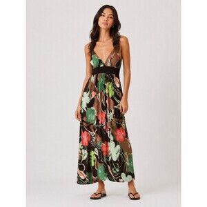 Flowy Boho Floral Maxi Dress Brown Green Coral Empire Waist Sundress Small